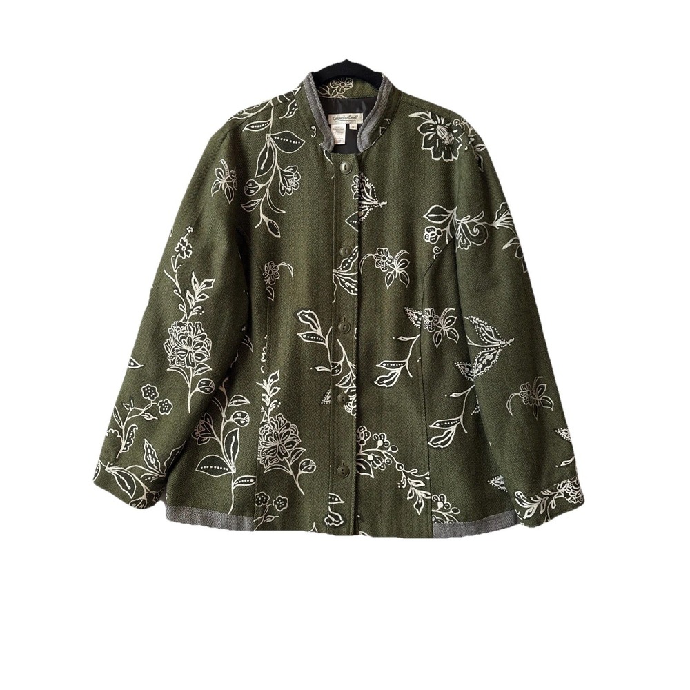 Coldwater Creek Green Floral Mandarin Collar Herringbone Jacket 1X Boho Chic Art